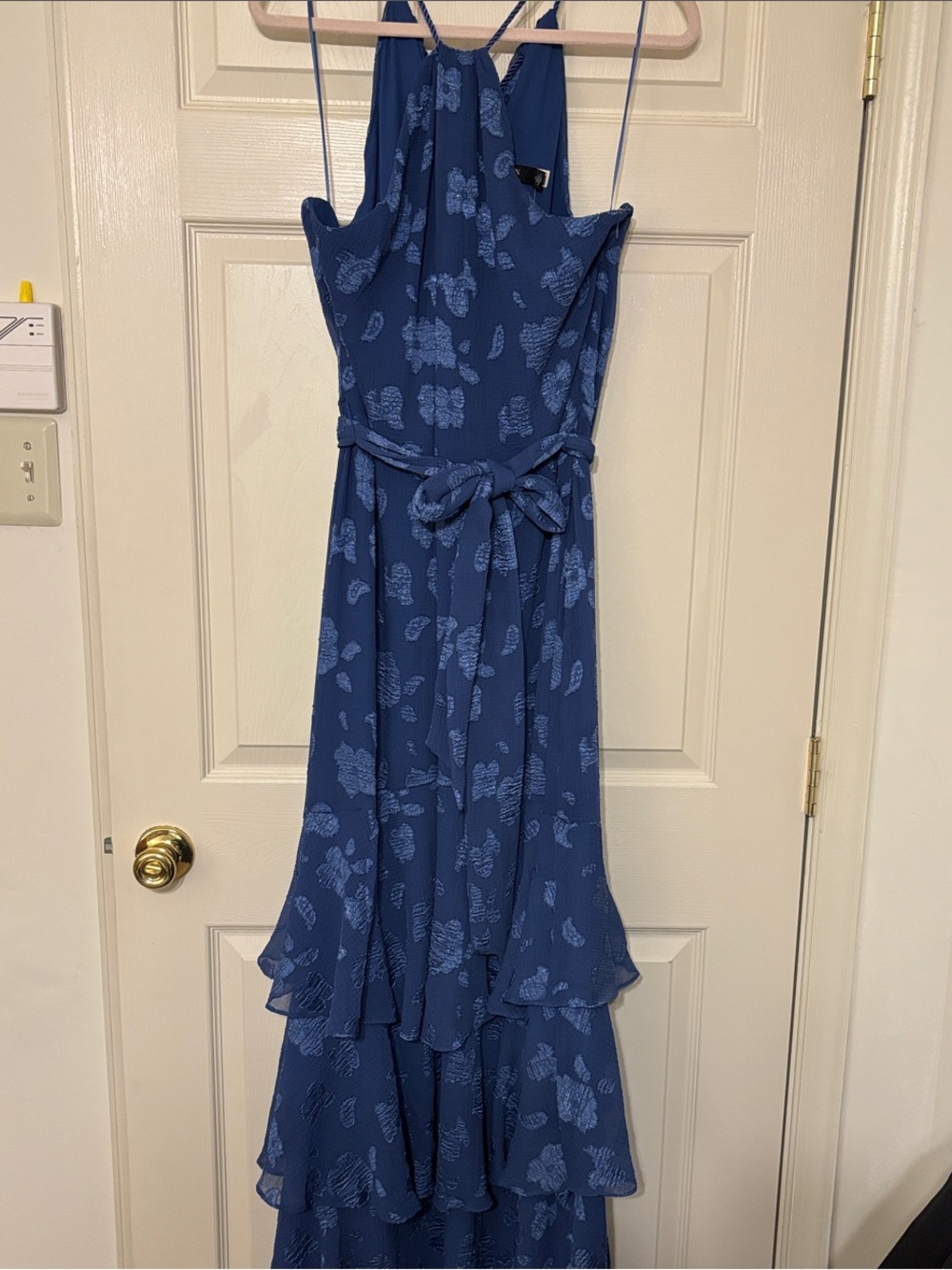Lauren Ralph Lauren Blue Floral Tiered Maxi Evening Dress with Tie Waist